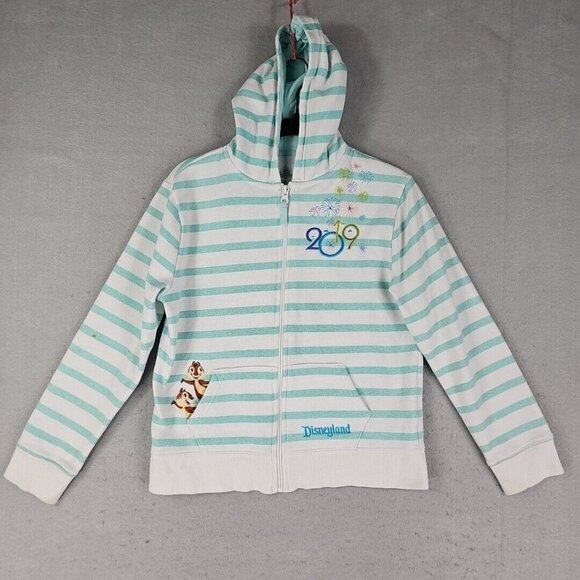Disney Parks Sweatshirt Girls L Aqua Striped Full Zip Disneyland Minnie Mickey - Picture 1 of 16